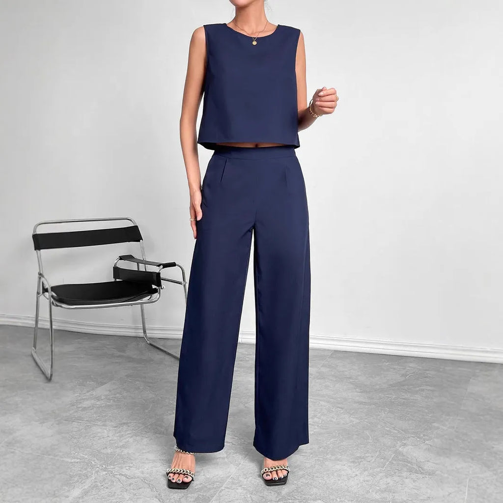 Red sleeveless top and wide leg trousers two-piece set on hanger