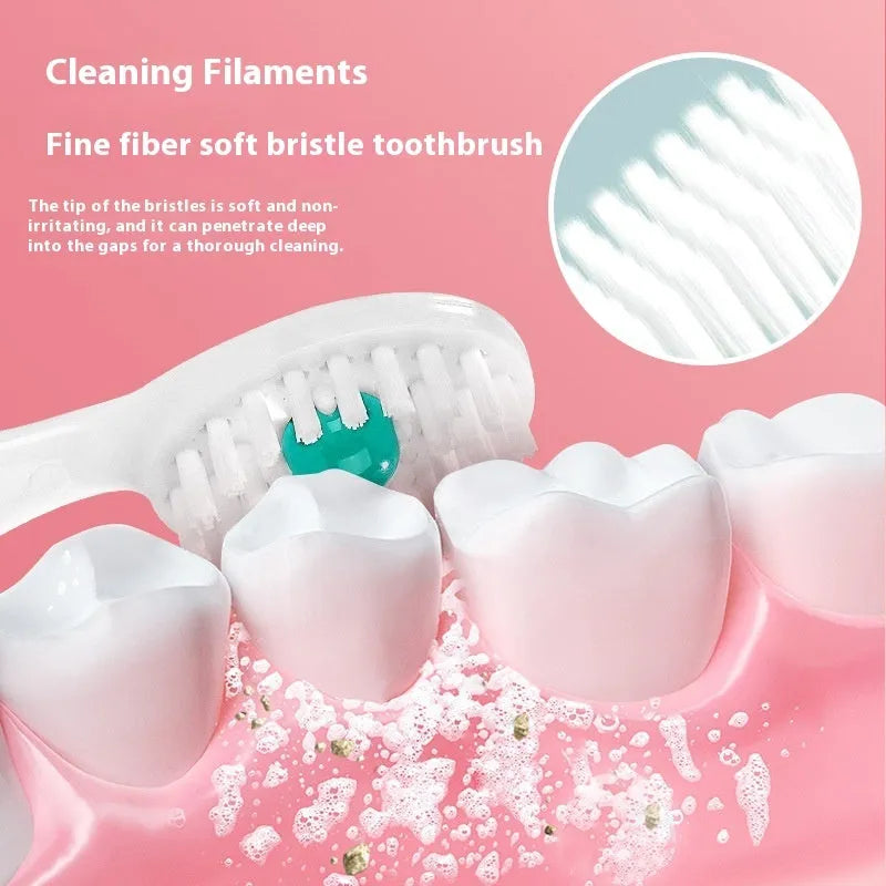 Box containing 20 individual pre-pasted bead toothbrushes for travel, shown with mint, peach, and green tea flavour options.