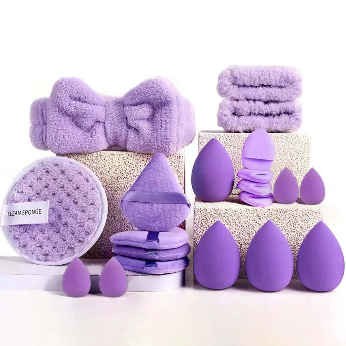 Beauty tools combination set with hydrophilic non-latex sponges in brown, pink and purple colour options