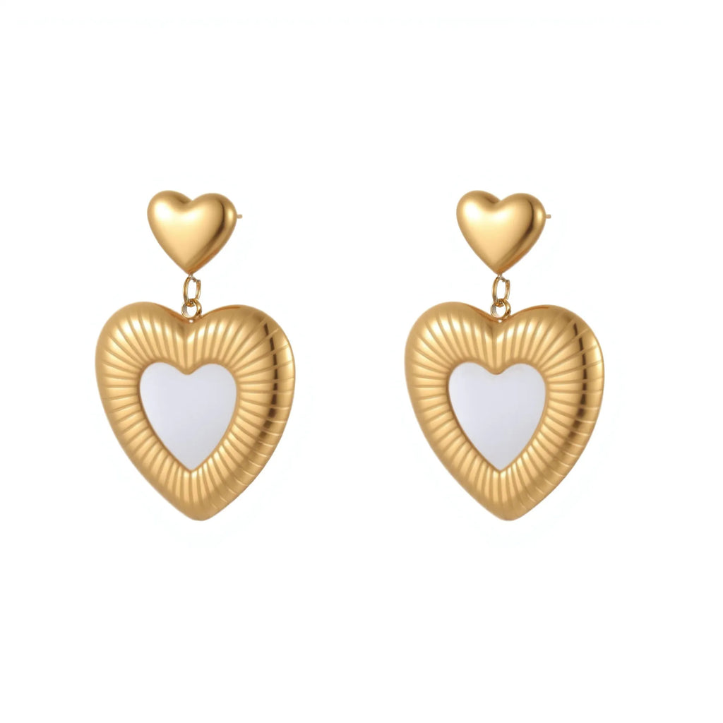 Heart shaped stainless steel earrings with white fritillary pattern and 18K gold electroplated finish for women