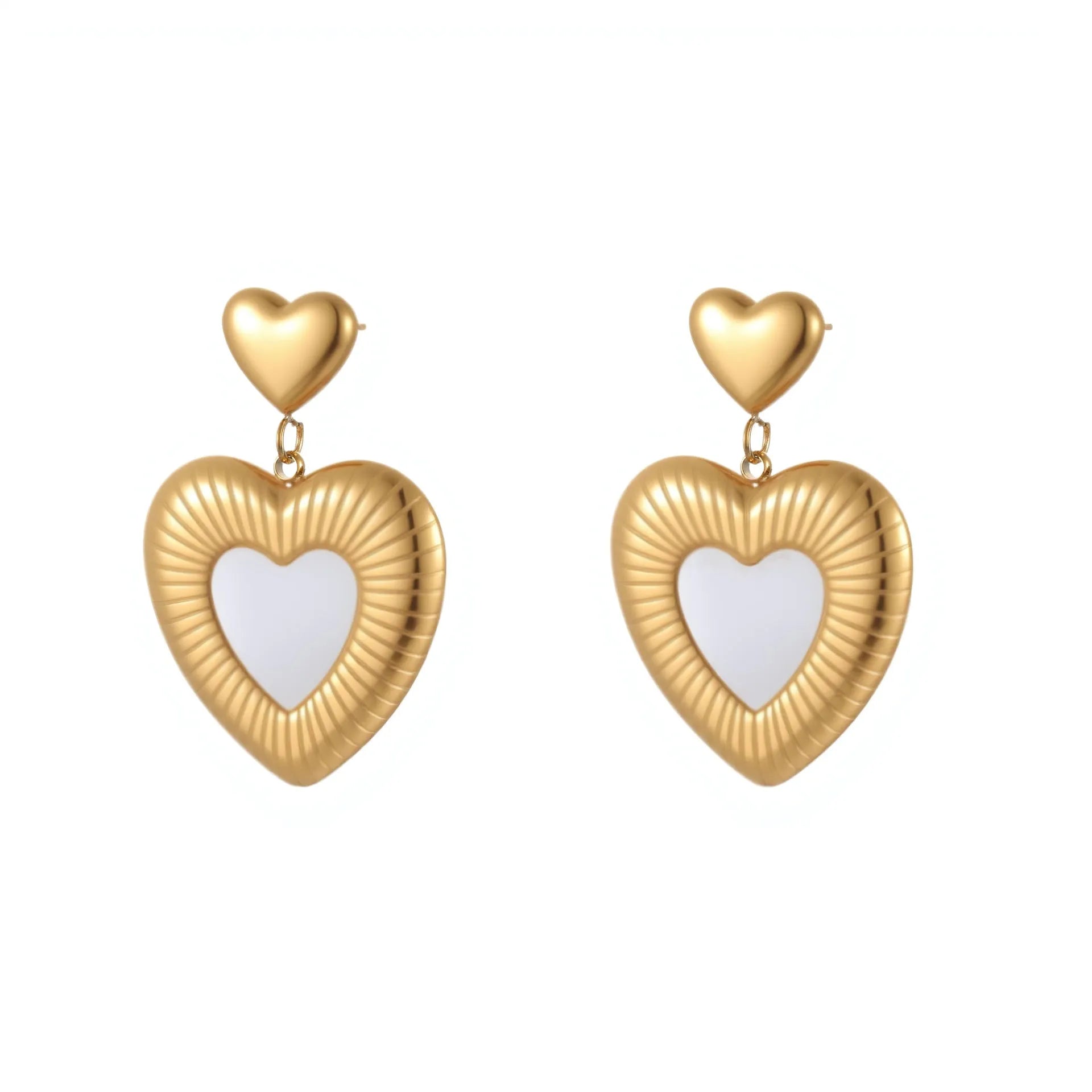 Heart shaped stainless steel earrings with white fritillary pattern and 18K gold electroplated finish for women