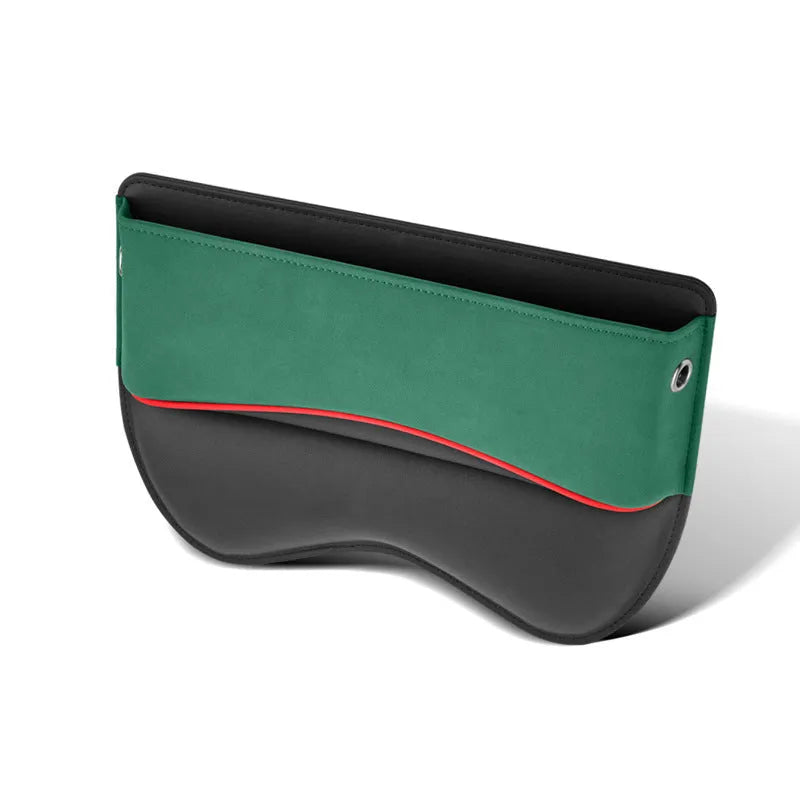 Leather car seat storage box in beige colour on a car seat.