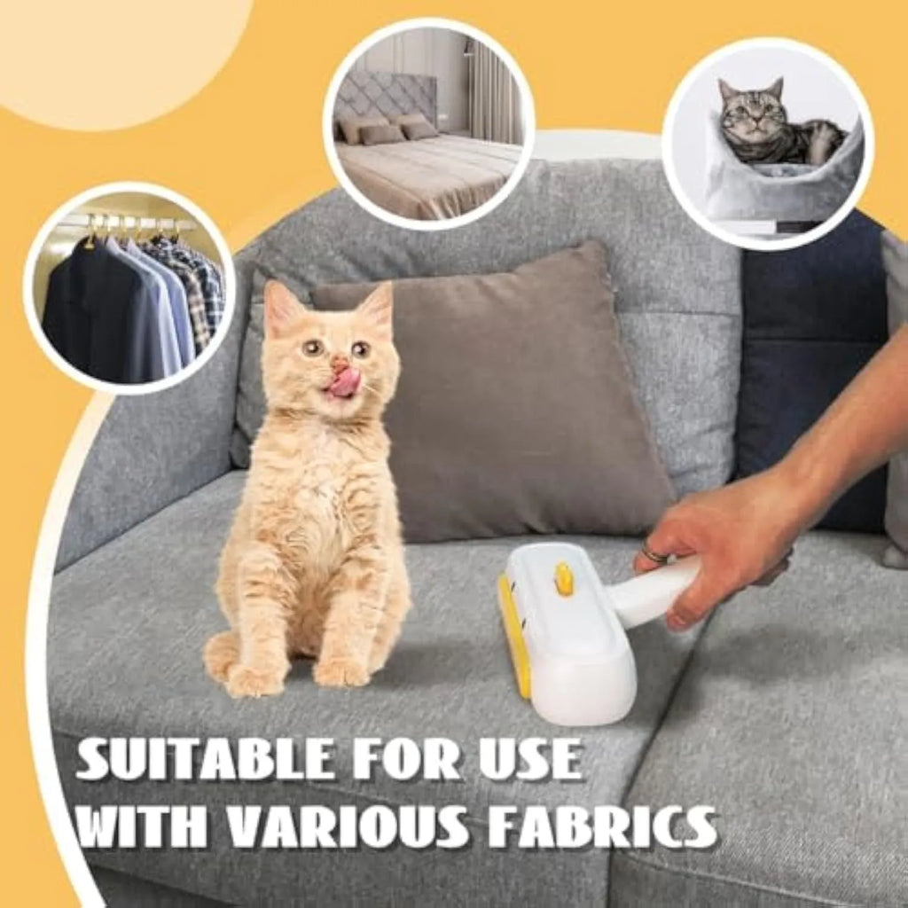 White duck-shaped pet hair remover tool with handle and bristles for removing pet fur