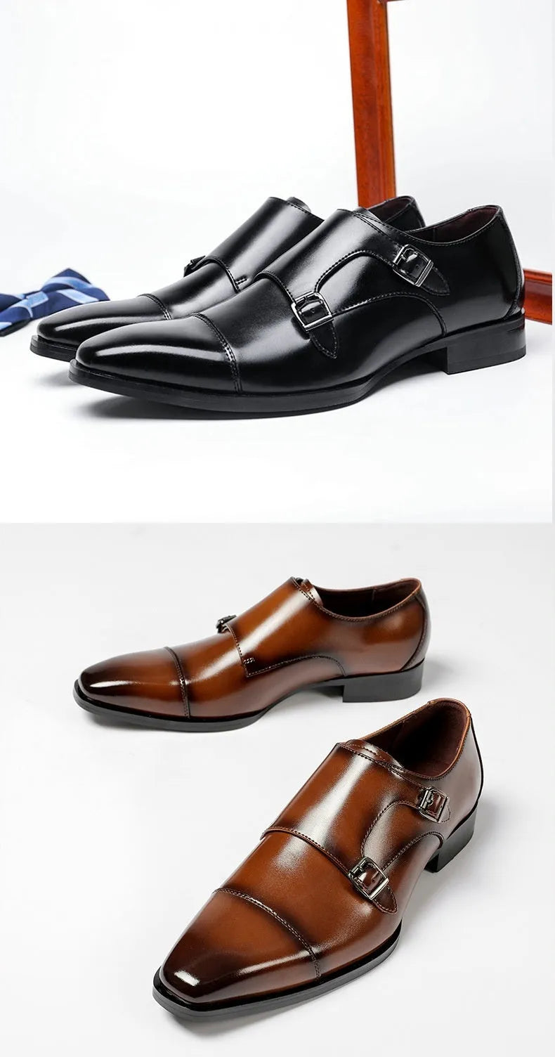 Men's black and light brown leather shoes with square toe and low top design for business wear