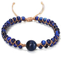Handmade woven geometric pull bracelet in blue tigereye stone with adjustable cord