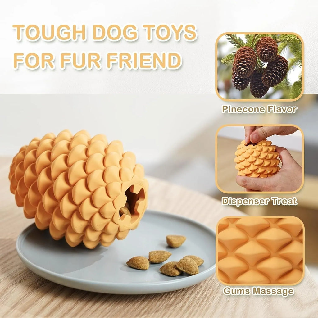 Yellow natural rubber pine cone dog toy with treat dispenser for medium large dogs