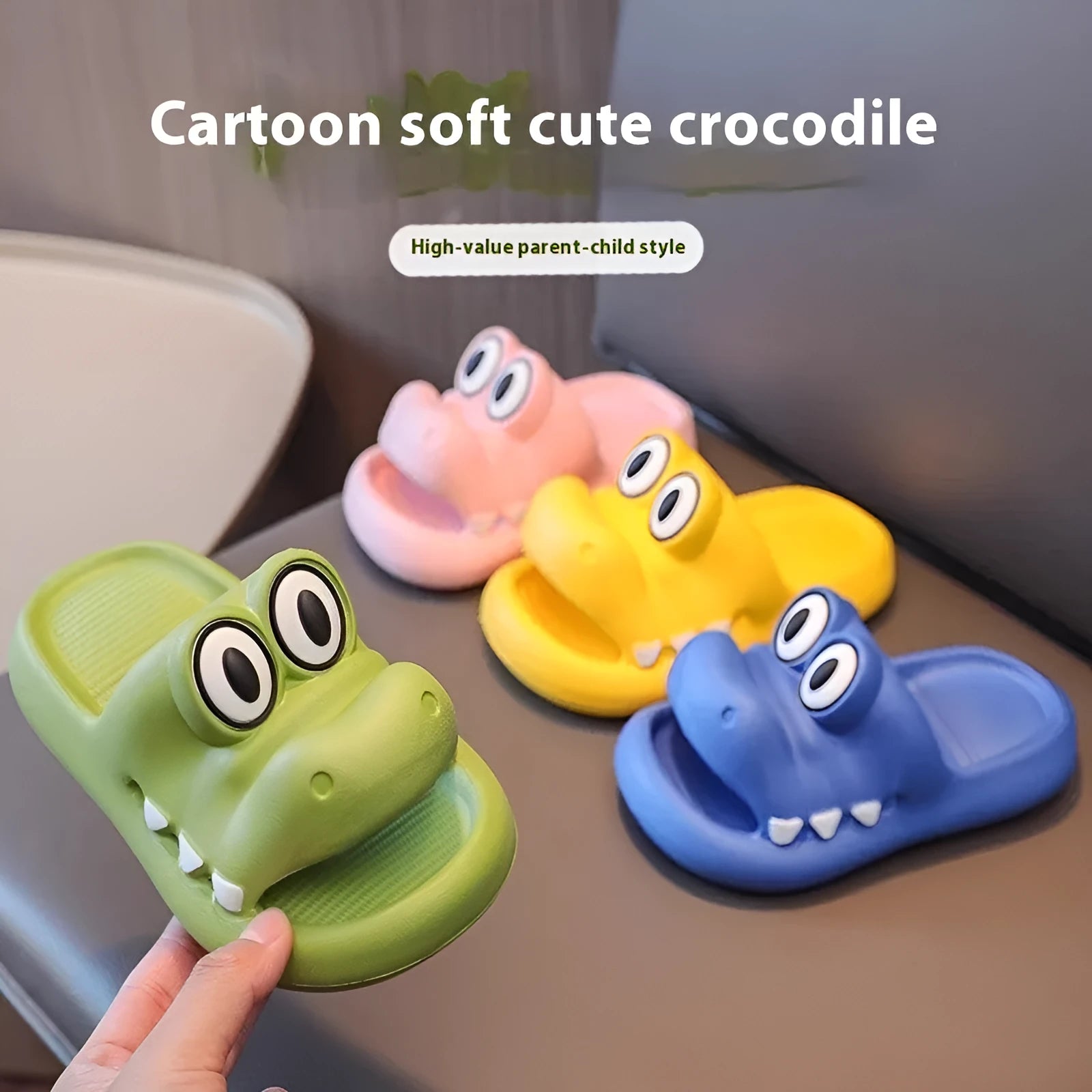 EVA platform parent child sandals with animal pattern in pink, green, yellow, and blue colours