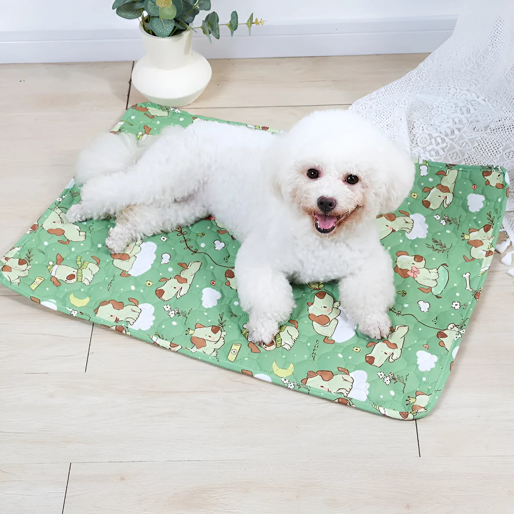 Reusable washable pet urine pad with colourful animal print design and waterproof backing.