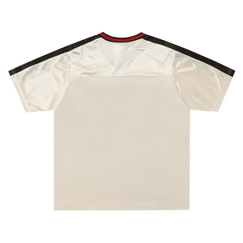 Men's apricot V-neck pullover with printed letters design and drop-shoulder sleeves