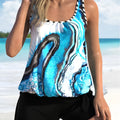 Blue tie-dyed floral women's one-piece swimsuit with shorts, plus-size swimwear