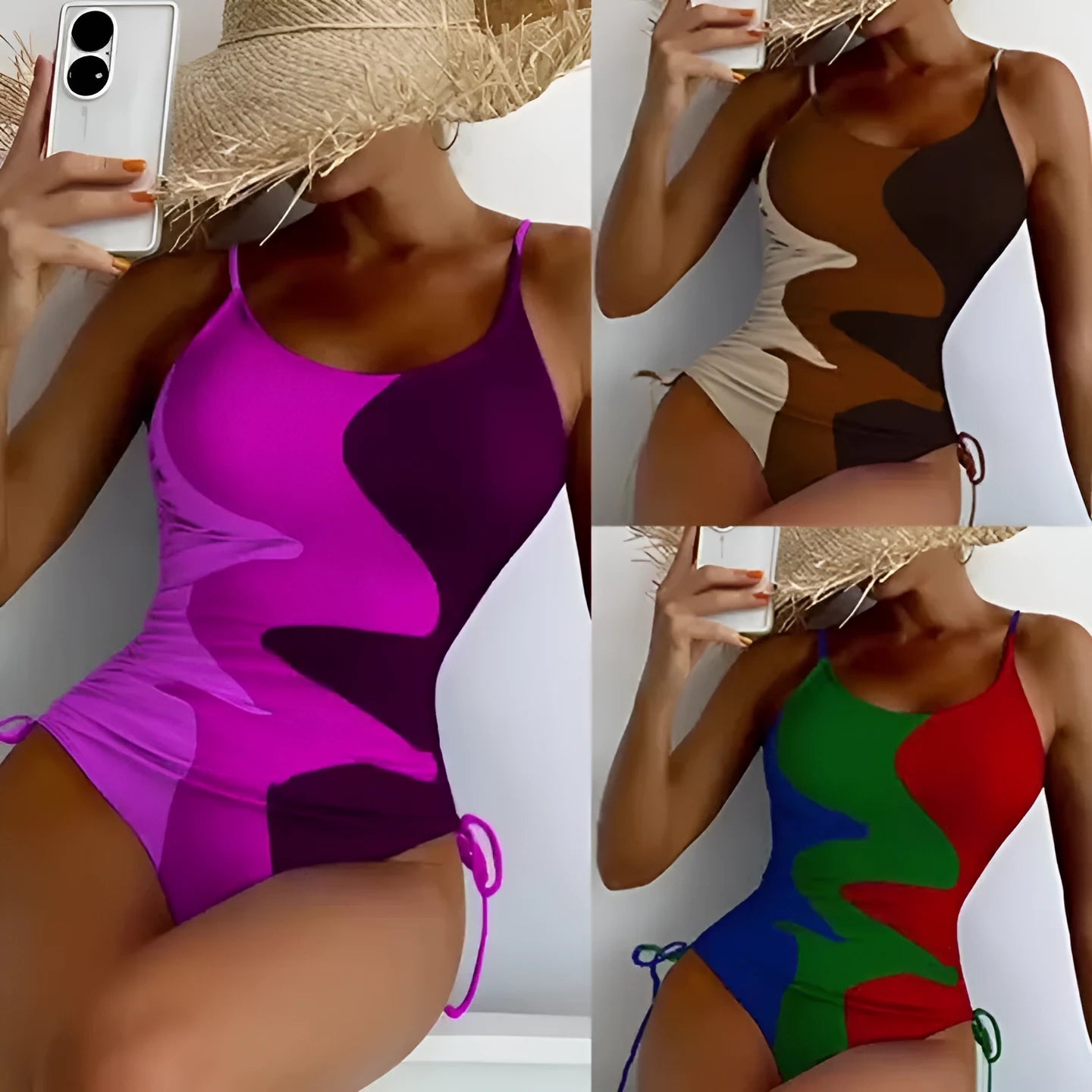 Women's sleeveless one-piece swimsuit in blue, purple, brown, or green colours with striped or solid patterns