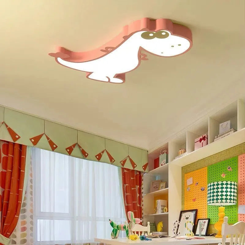 Cartoon dinosaur design ceiling light with a white PVC shade and aluminium body.