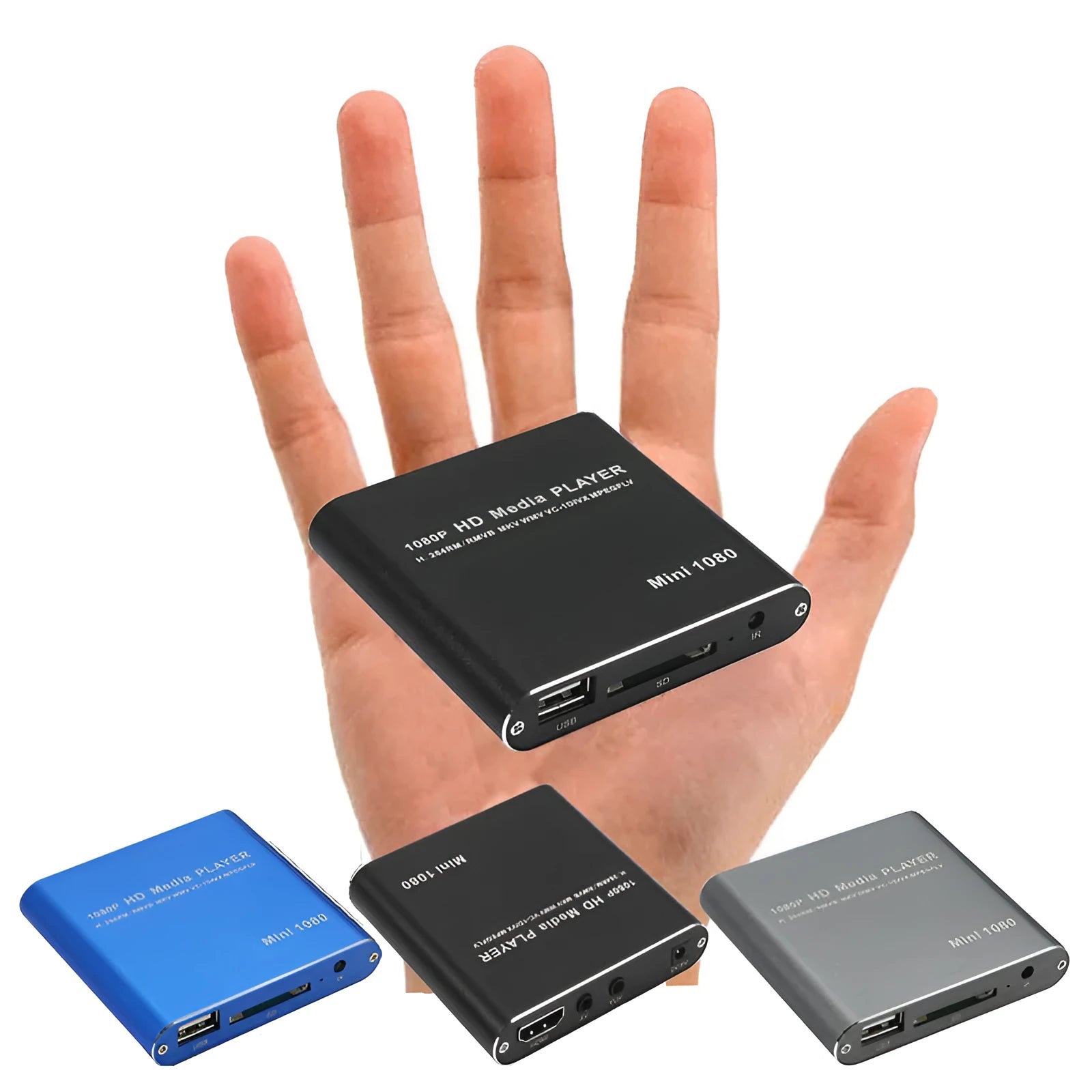 Compact black and blue all-metal 1080p HD media player with remote control on a wooden surface.