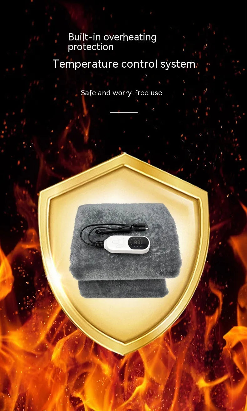 Grey 12V car electric blanket with cigarette lighter plug showing intelligent temperature control panel