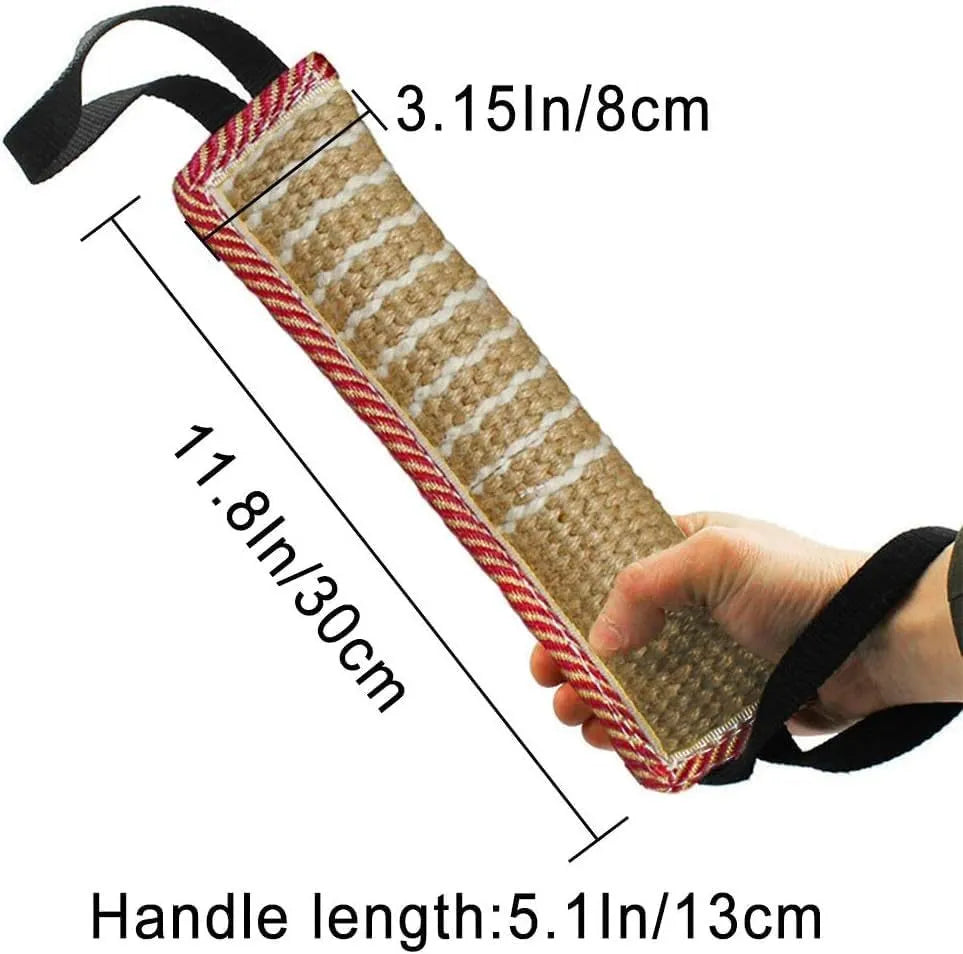 Beige jute dog tug toy with two handles, sized for small and medium dogs