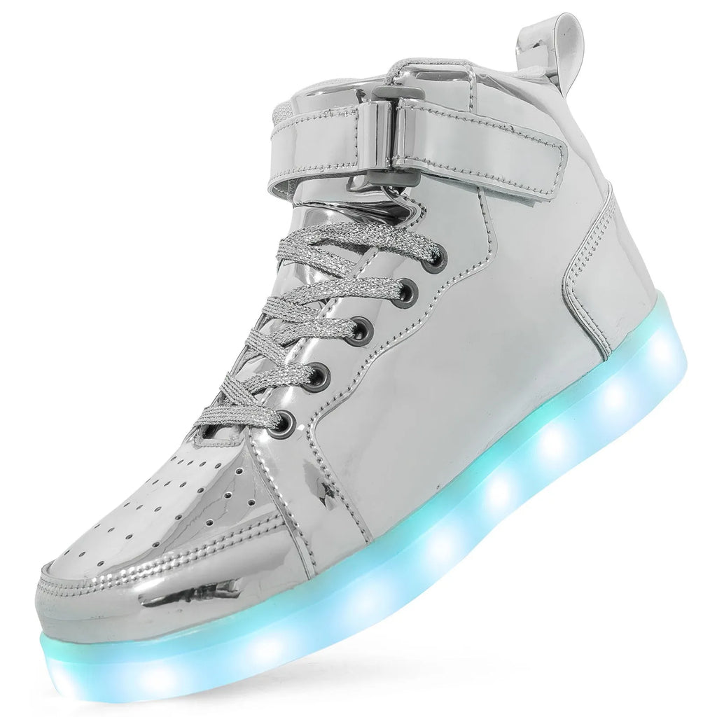 Rechargeable LED light-up high-top board shoes with Velcro closure in black, gold, and white colours