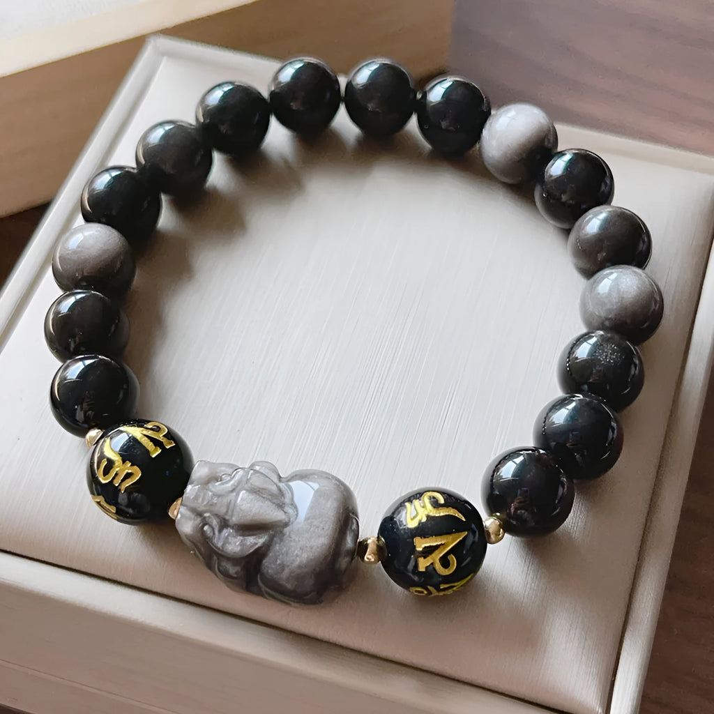 Men's Silverstone bracelet with beads and engraved Chinese proverbs, shown in silver colour.