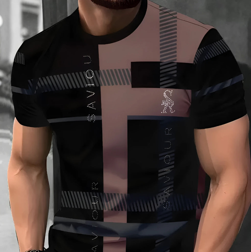 Men's loose fit short-sleeved T-shirt with digital 3D printed striped design in multiple colour options