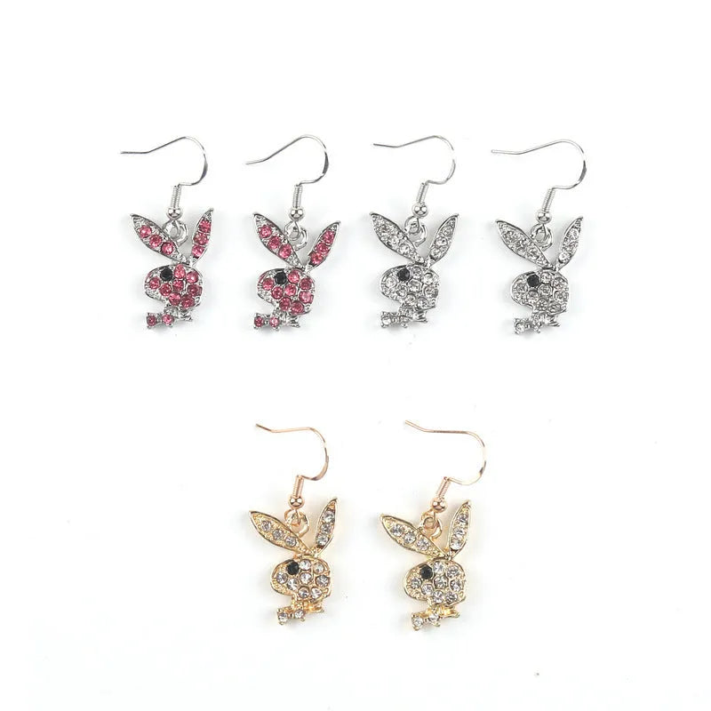 Rabbit-shaped stud earrings covered in crystals with butterfly clutch fastenings in silver, pink and gold colours