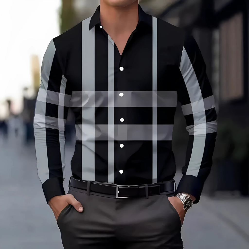 Men's striped long sleeve shirt with button lapel in polyester fabric, shown in multiple colours and sizes