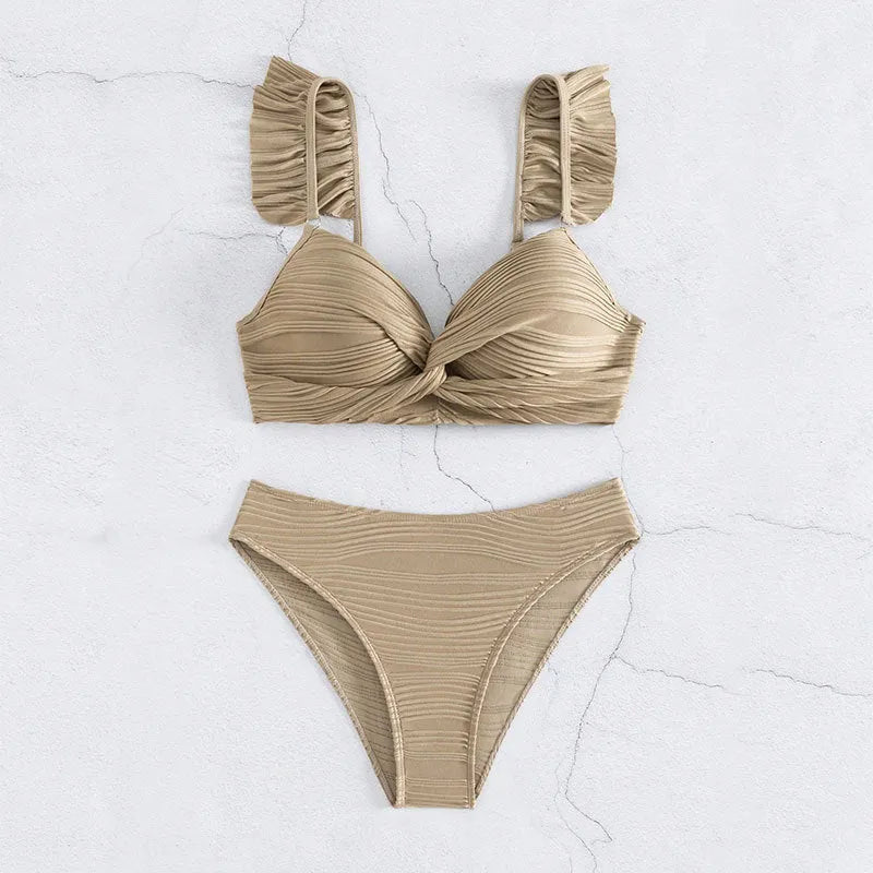 Women's solid colour bikini swimsuit set in black or khaki options