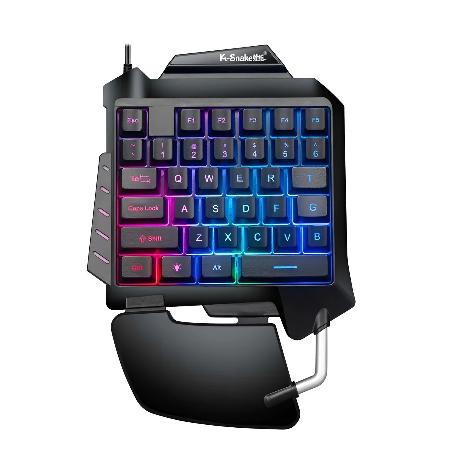 Black one-handed left-handed gaming keyboard with USB cable and integrated hand rest for mobile gaming