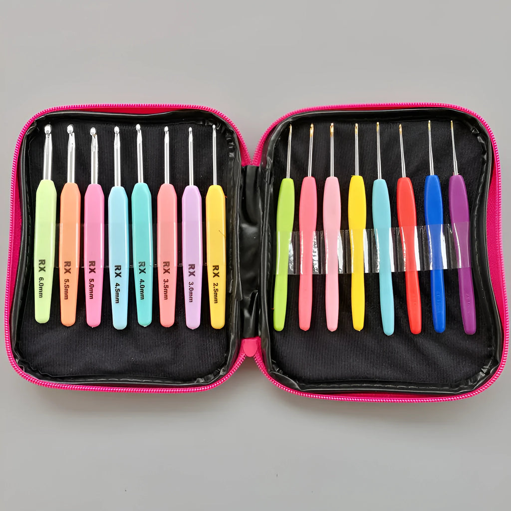Complete 16-piece crochet hook set with thick ABS handles and soft handles in aluminium and iron oxide sizes
