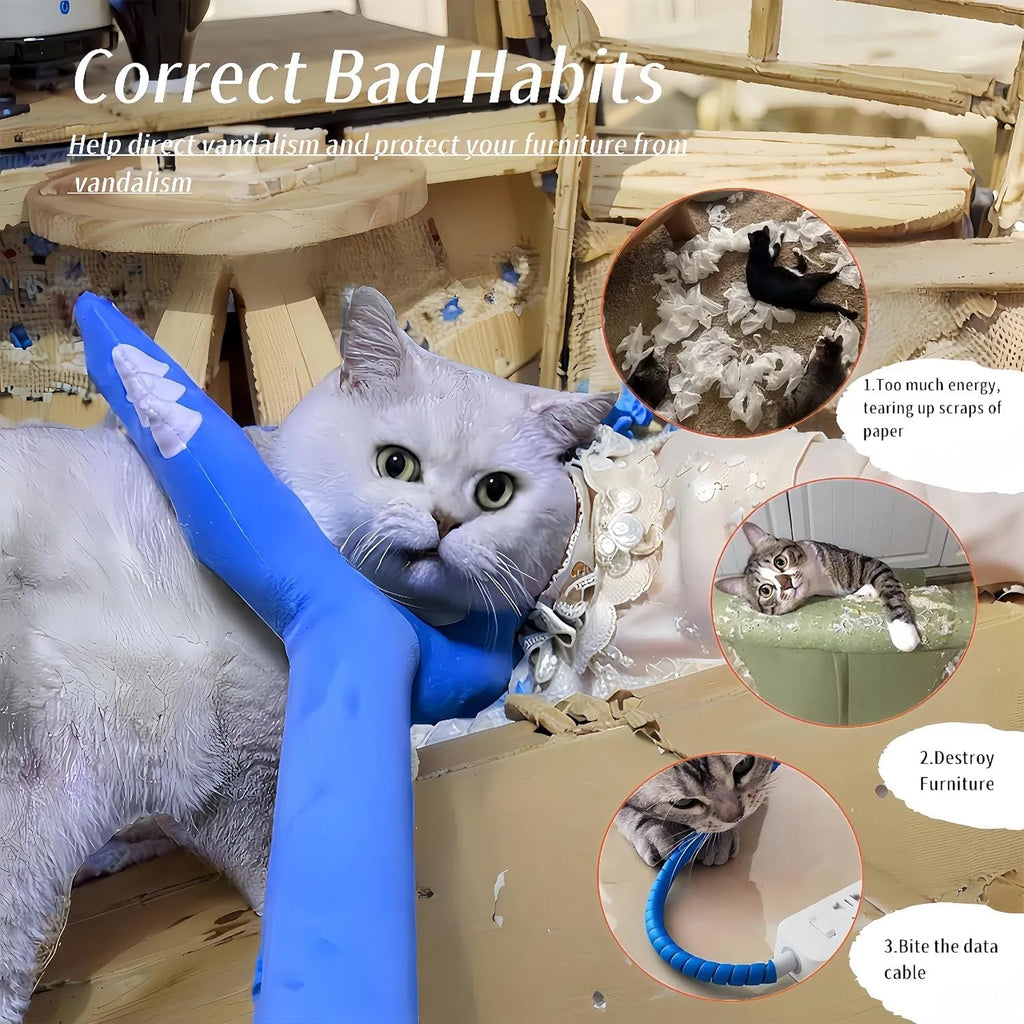Blue plush cat wand toy with 70cm length showing soft exterior and foam-filled head section