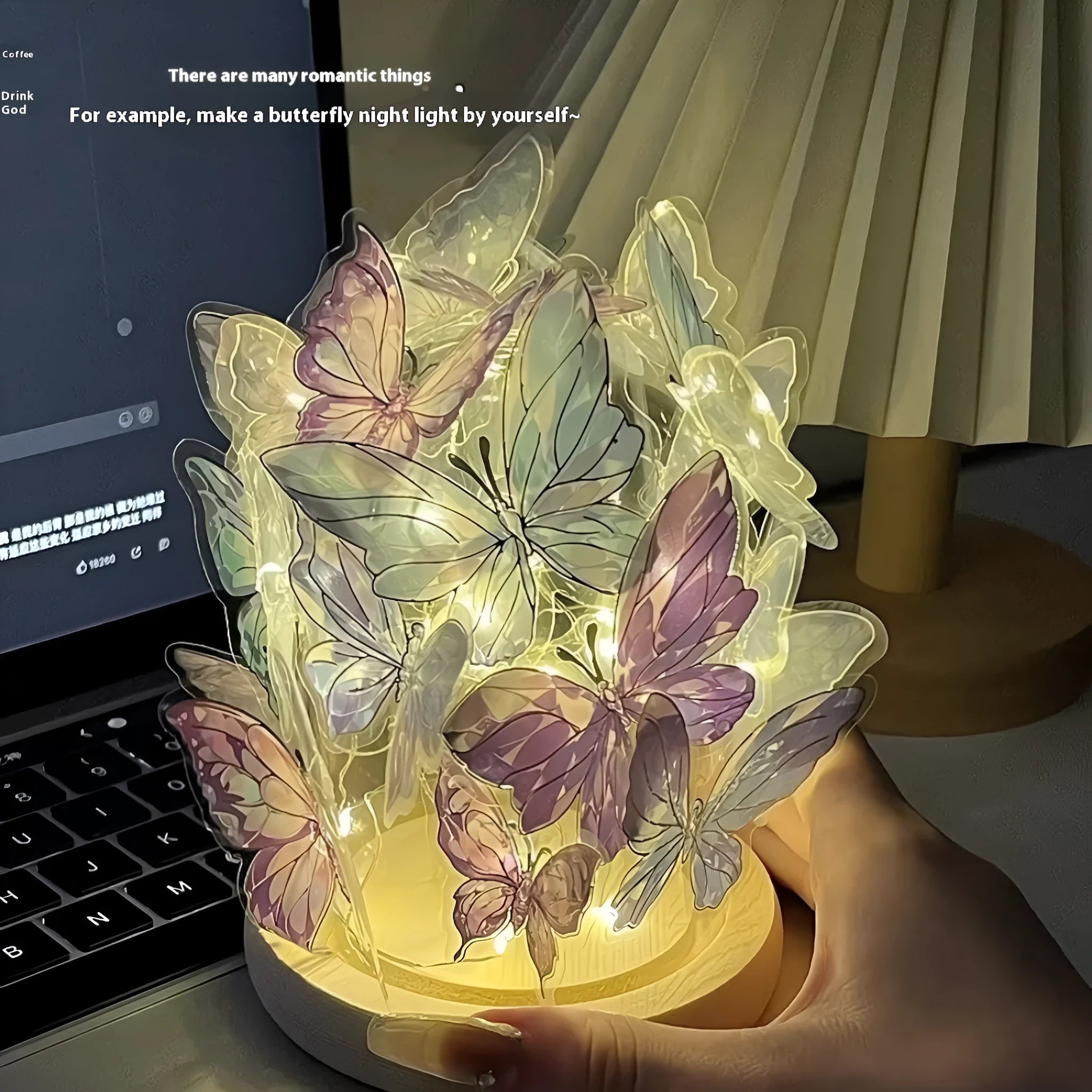 Butterfly night light DIY kit with glass lampshade and raw wood base measuring 12x15cm