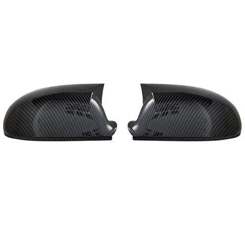 Pair of plastic mirror housings for Volkswagen Sagitar (2006-2011) in black and carbon fibre finishes.