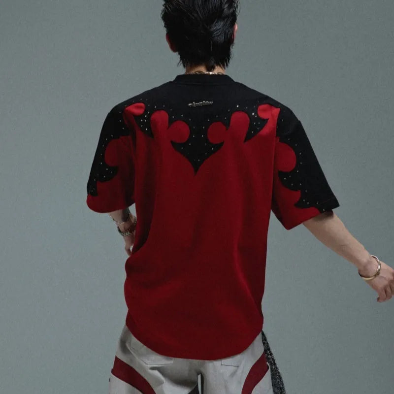 Men's grey cotton T-shirt with 3D burnt flower stitching and rhinestone decoration on chest