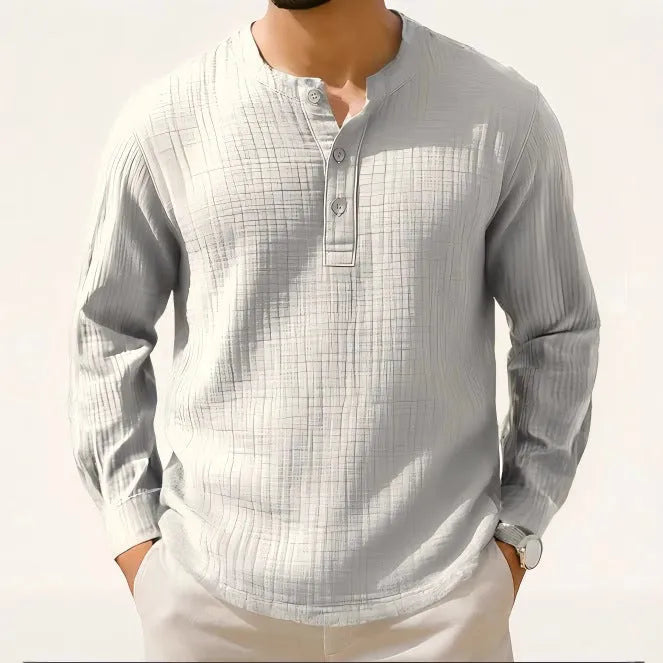 Slim fit long sleeve shirt in linen blend fabric with 3/4 sleeves and round neck, shown in army green.