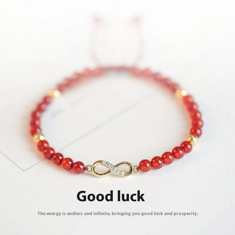 Natural red agate hand-woven bracelet showing diamond-shaped beads in ethnic woven pattern