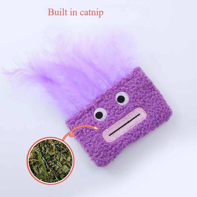 Colourful catnip plush toy with a big mouth explosion head shape in soft fabric