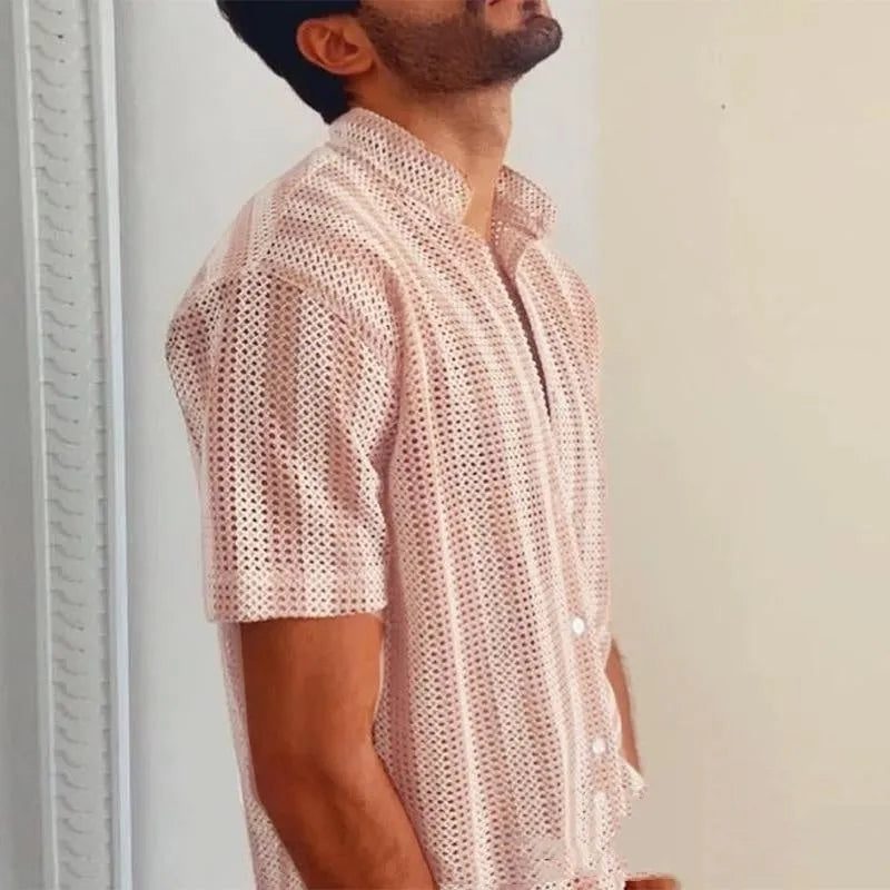 Pink waffle knit men's cardigan shirt with short sleeves and loose fit