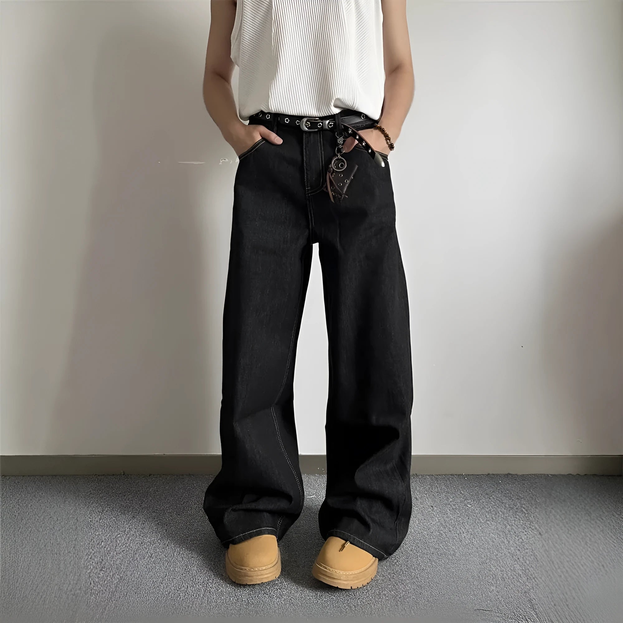 Black retro loose wide-leg straight-leg jeans on a model.