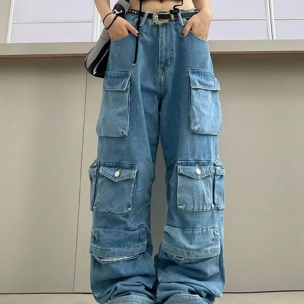 Women's high waist wide leg trousers with multi-pocket street hipster design in tie-dyed blue denim