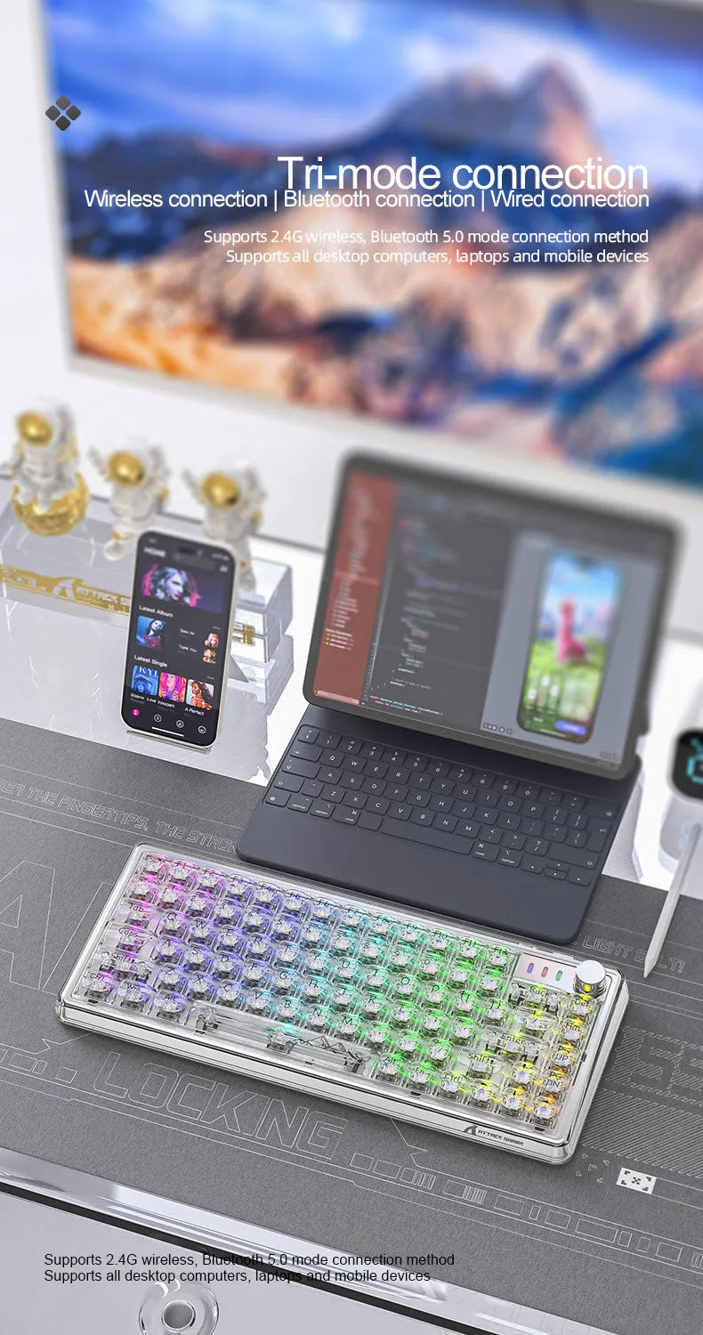Attack Shark K75RGB transparent wireless mechanical keyboard with RGB lighting on a desk.