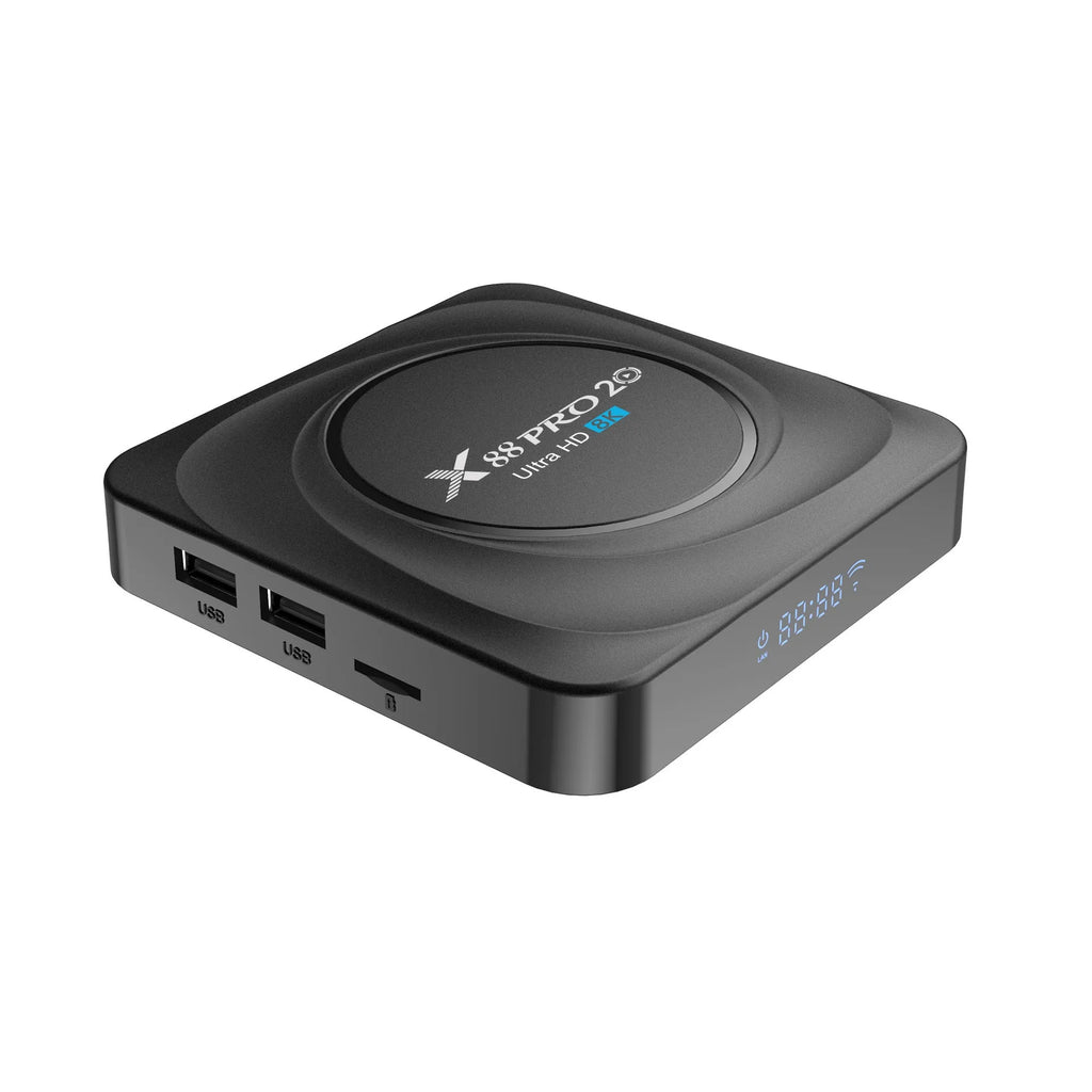Android TV set-top box with remote control and HDMI cable on a colour box packaging.