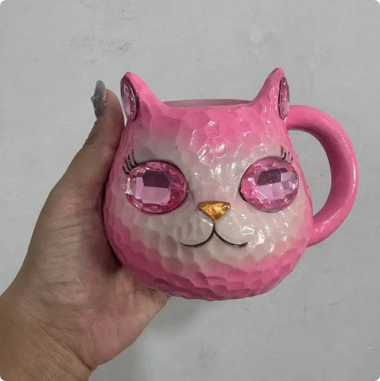 Resin crystal earth cat cup desk ornament in purple, green, blue, or pink colour with base