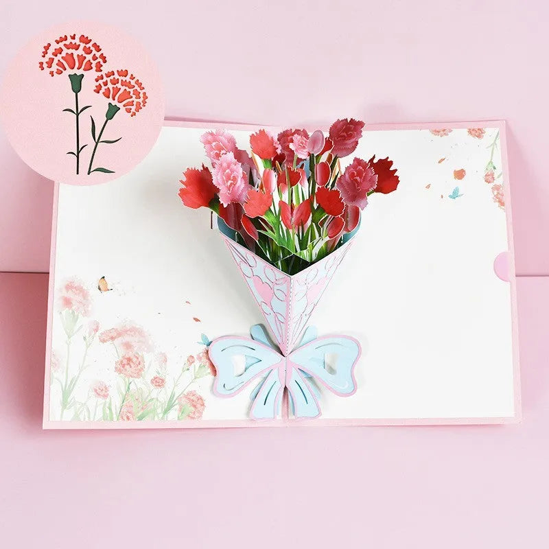 3D pop-up Mother's Day card with floral rose cutout and flower bouquet inside