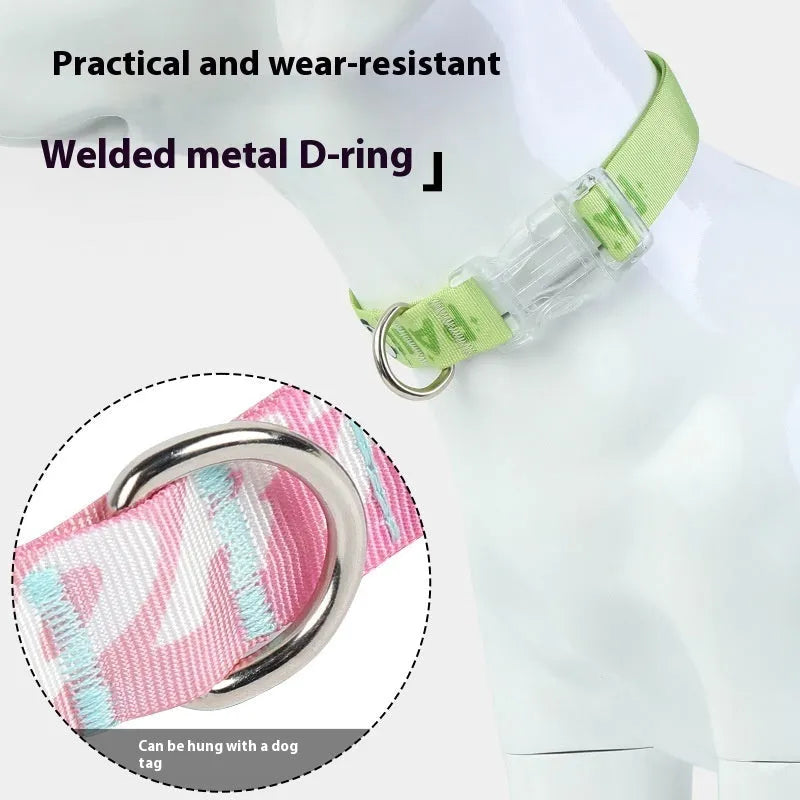 Adjustable nylon dog collar with cartoon gradient pattern in panda green colour, shown in S M L sizes