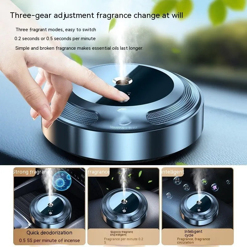 Compact zinc alloy car air freshener diffuser with automatic spray system and three fragrance refills