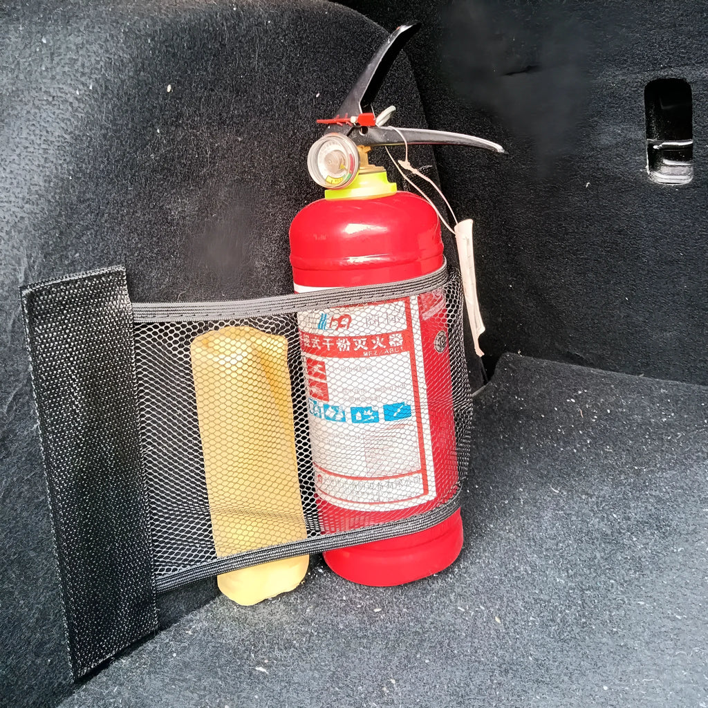 Elastic polyester car boot storage net shown with metal hooks and adhesive strips for organising loose items.
