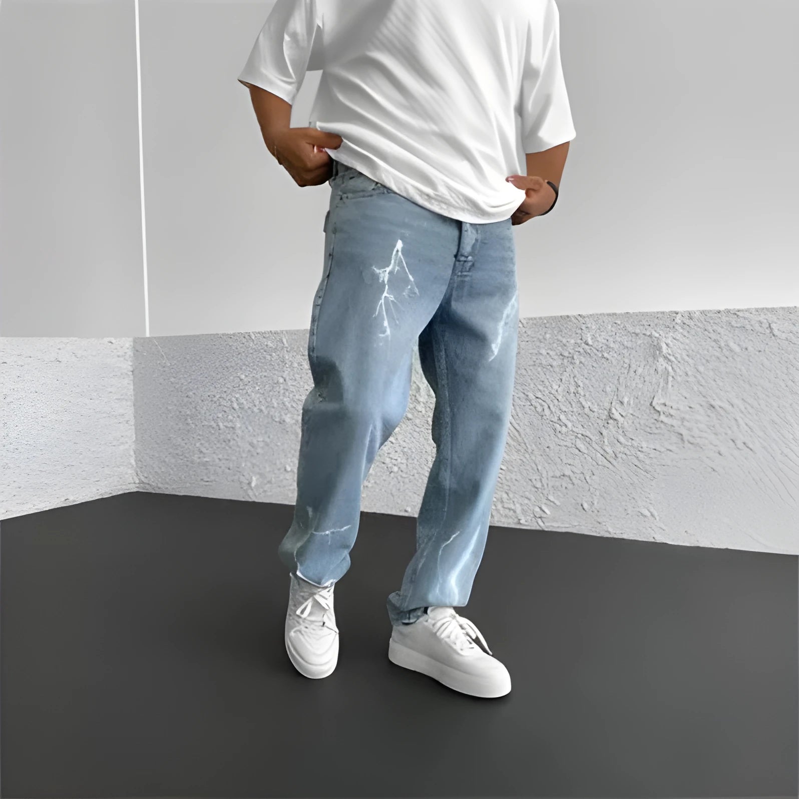 Blue men's straight-leg denim jeans with a loose wide-leg fit and mid-rise waist.