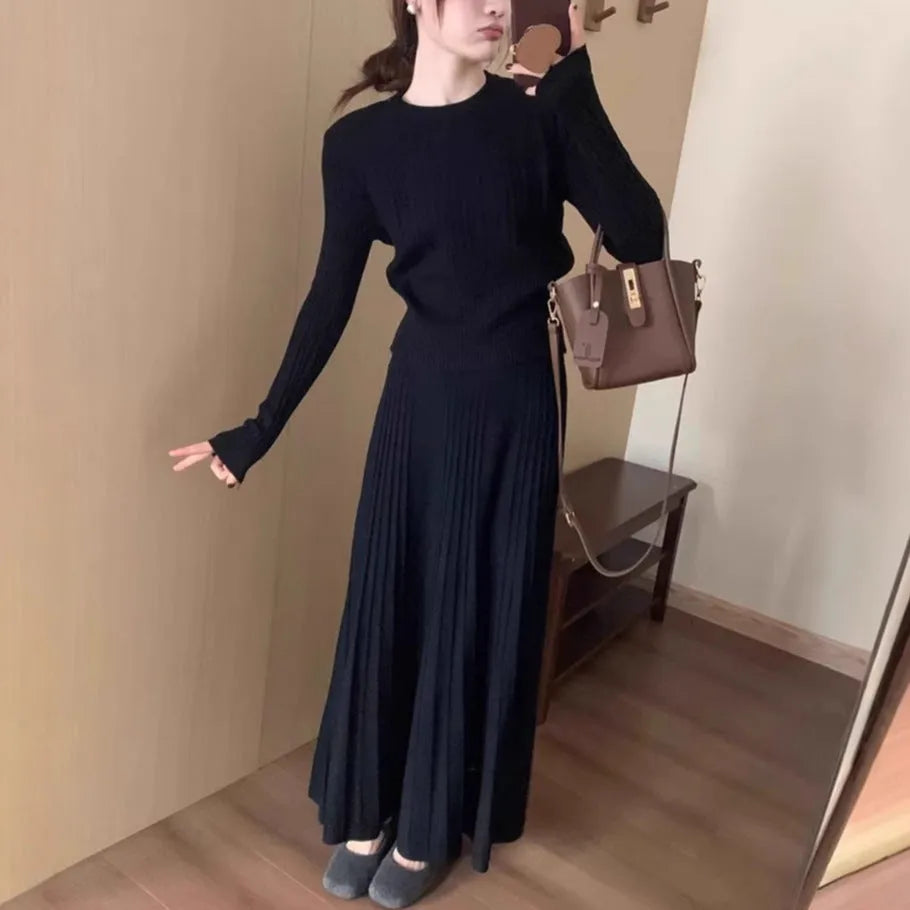 Dark grey ethnic style knitted dress suit with 3D pattern and collage stitching, two-piece set with sweater and skirt