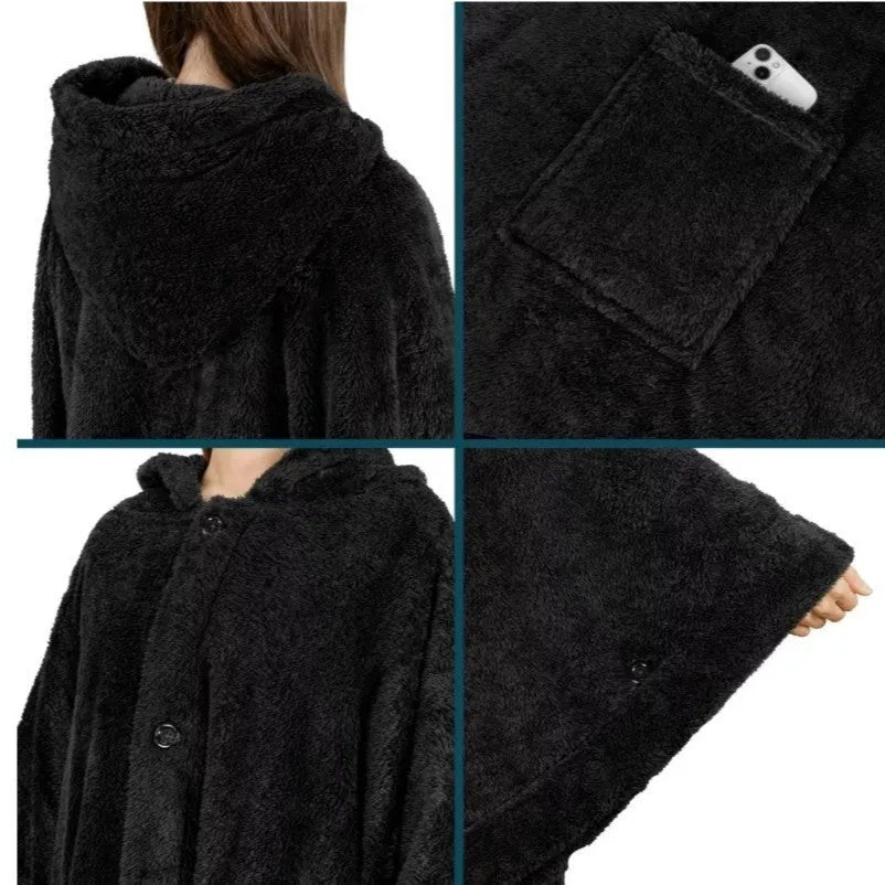 A heavy-weight hooded bathrobe in a cardigan style, shown in black, dark grey, and pink colour options.