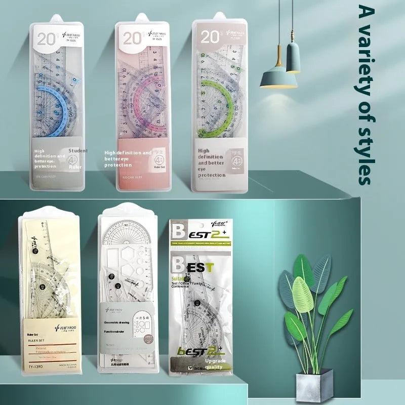 Youpai transparent acrylic drawing ruler set with square protractor and triangle rulers on a technical sketch.