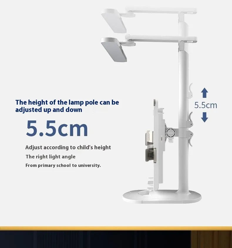 Multifunctional adjustable desk lamp with a built-in bookshelf shelf and three-speed colour temperature control.