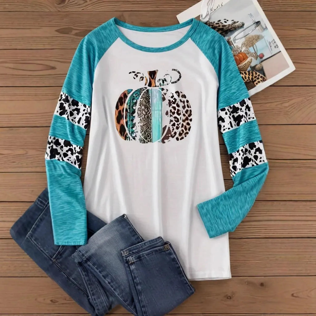 White Halloween t-shirt with 3D pumpkin print and sky blue colour in Japanese Korean casual style